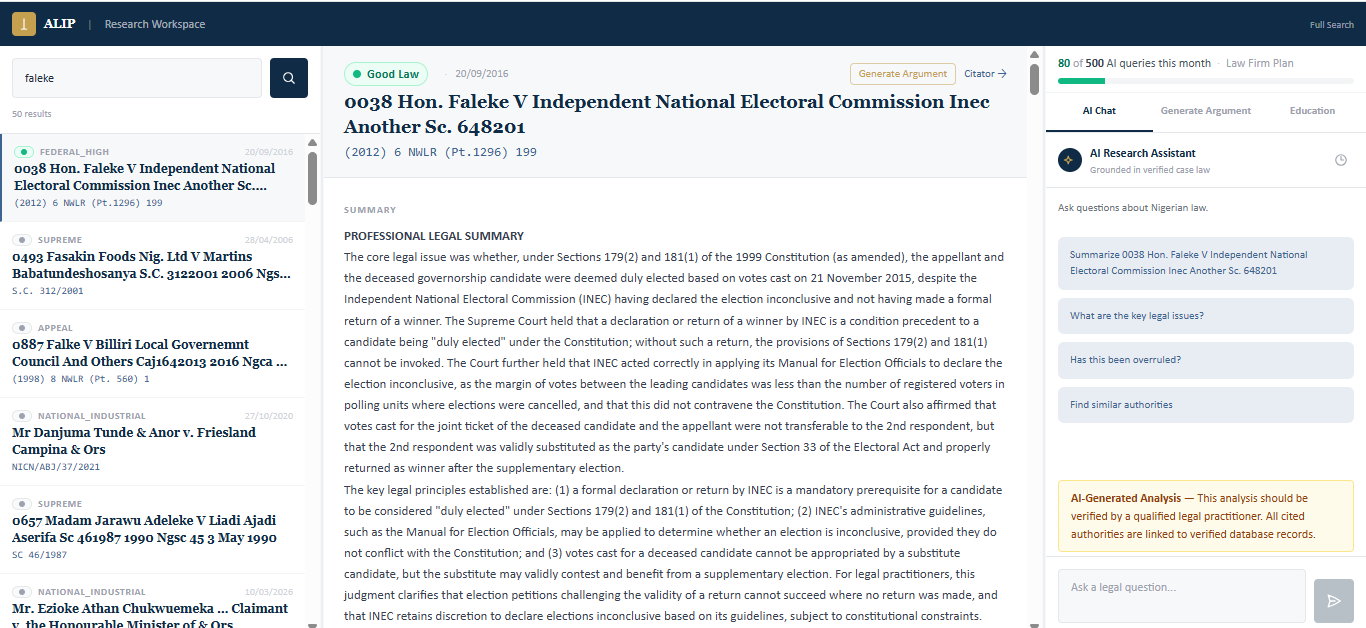 ALIP research workspace showing AI-generated case summary grounded in source text
