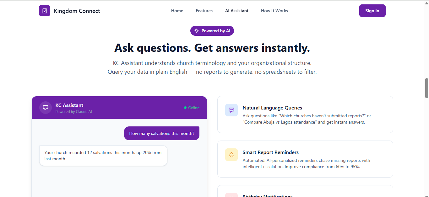 KingdomConnect AI Assistant interface