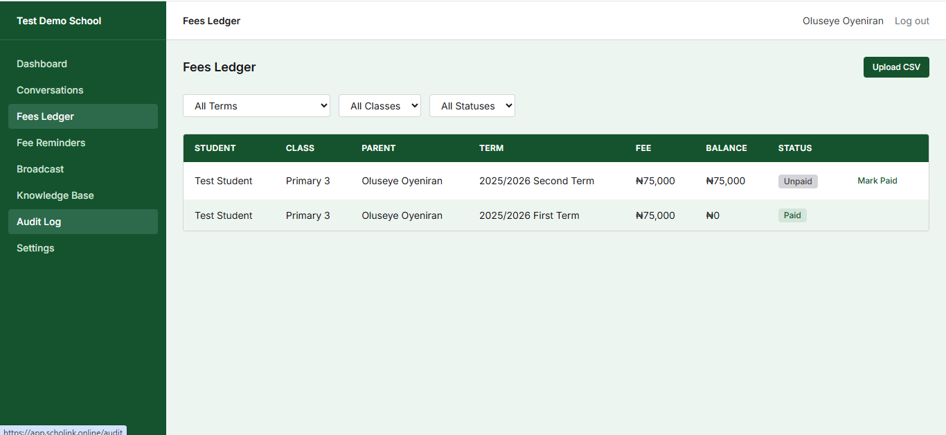 SchoLink Fees Ledger admin panel