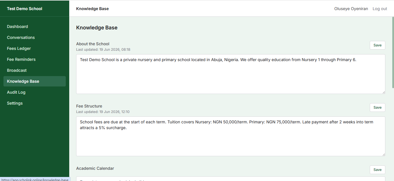 SchoLink admin panel Knowledge Base, used to power the AI WhatsApp front desk